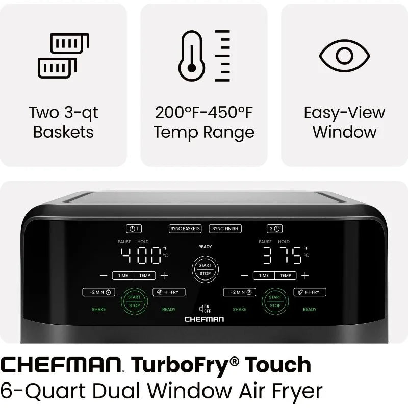 CHEFMAN 6 Quart Dual Basket Air Fryer Oven with Easy View Windows, Sync Finish, Hi-Fry, Auto Shutoff 2 Independent 3Qt Nonstick