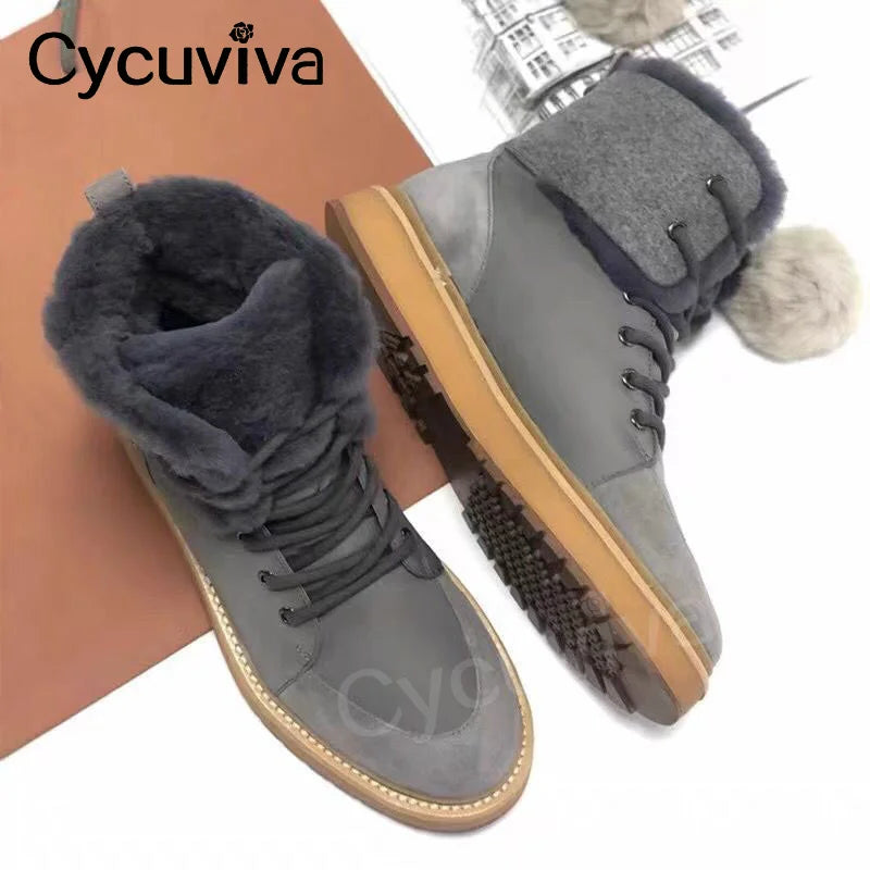 2023 New Natural Wool Snow Ankle Boots For Women Winter Warm Flat Platform Fur Shoes Lace Up Summer Walk Flat Knight Boots Women