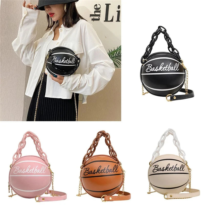 Women Shoulder Bag PU Leather Chain Basketball Bag New Letter Print Teenagers Handbag Fashion Crossbody Bags Female