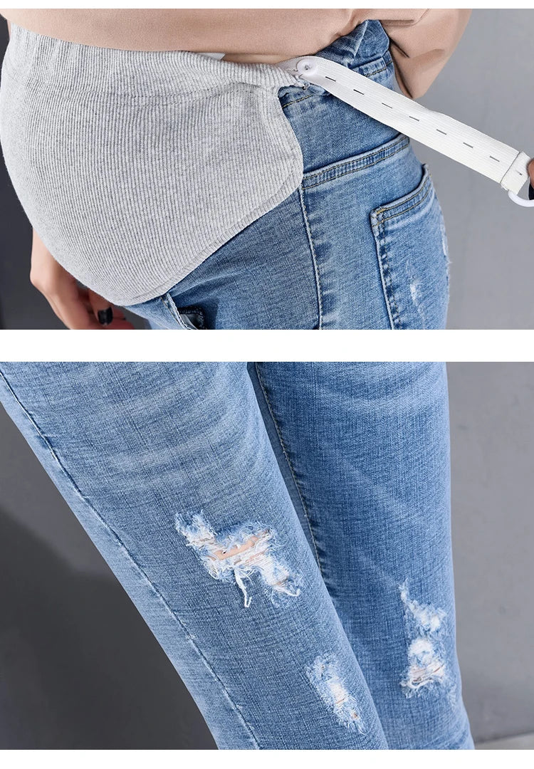 7/10 Stretch Denim Maternity Jeans Spring Summer Waist Support Belly Pencil Pants for Pregnant Women Ripped Hole Slim Pregnancy