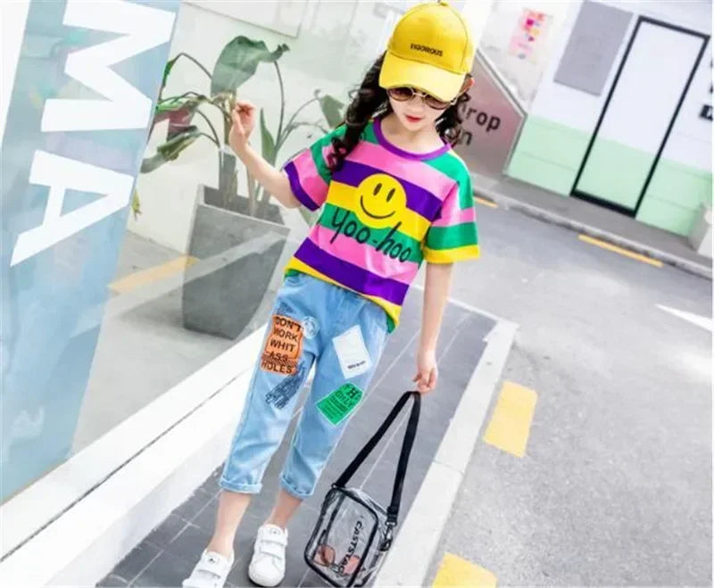 Summer Kids Toddler Girls Clothing Set Striped Smiley Shirt+Pant Short Sleeve Cotton Children Girls Clothes 4 5 6 7 8 9 10 years