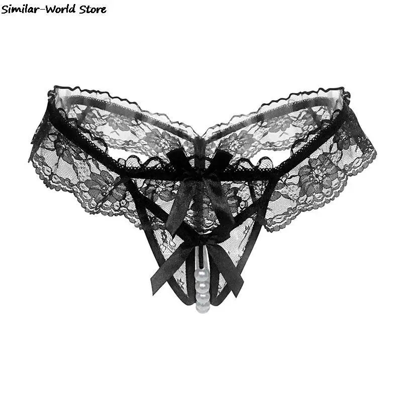 Women Sexy Panties Girl Gauze Bowknot Beads Lace Lingerie Underwear Low Waist Pearls Underpants Female Thongs Briefs Temptation