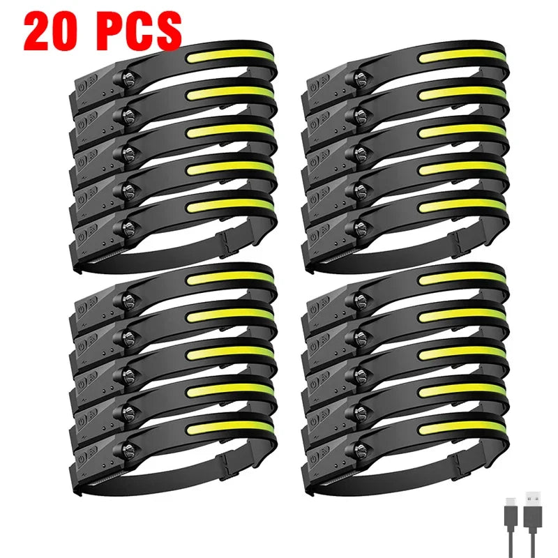 1~20Pack Headlamp USB Rechargeable LED Sensor Flashlight XPE+COB Torch Camping Waterproof Headlight for Fishing Lantern