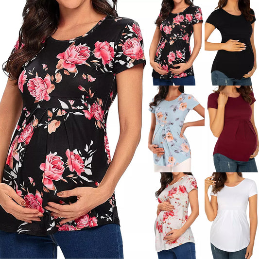 Fashion Women's Shirt Maternity Floral Printed Nursing Tops Breastfeeding Double Layer Soft Short Sleeve Top Pregnancy Clothes