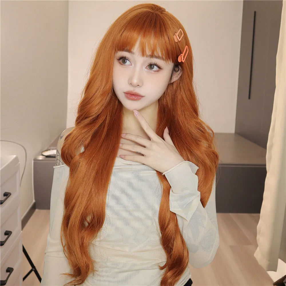 Long Orange Body Wavy Synthetic Wigs with Bangs for Women Natural Looking Copper Fake Hair Daily Party Wig Heat Resistant Fiber