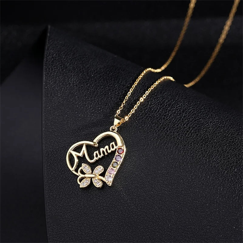 Classic Fashion Income Mom Pendant Necklace Cute Butterfly Heart Jewelry Anniversary Birthday Mother's Day Gift for Wife