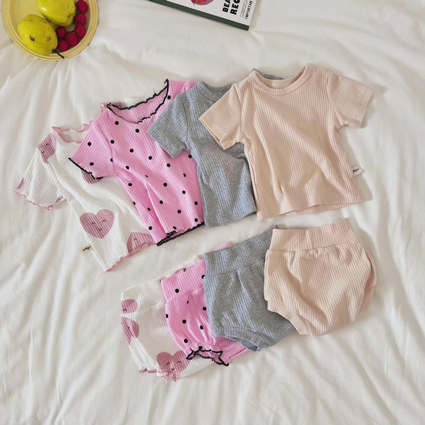 Summer Kids Baby Girls Short Sleeve Dot Top Ruched T-shirts+shorts Infant Children Cotton Casual Clothing Set 2pcs