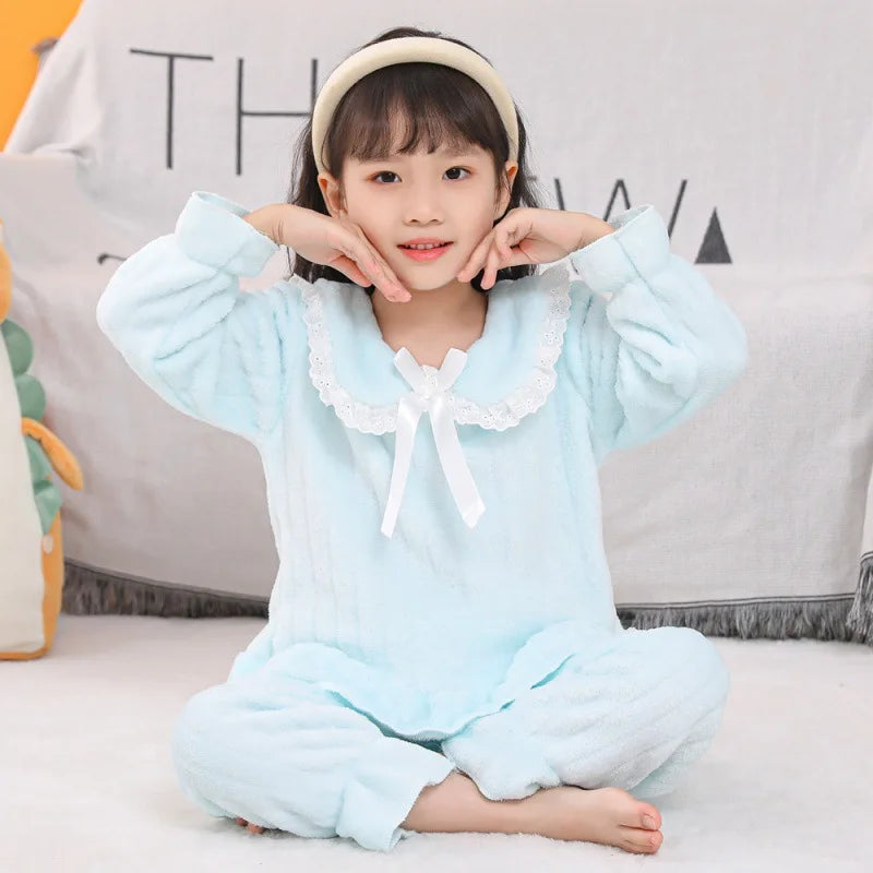 New Kids Flannel Pajama Sets Girls Autumn Pajamas Winter Thicken Warm Home Wear Cartoon Lapel Long Sleeve Sleeping Clothing