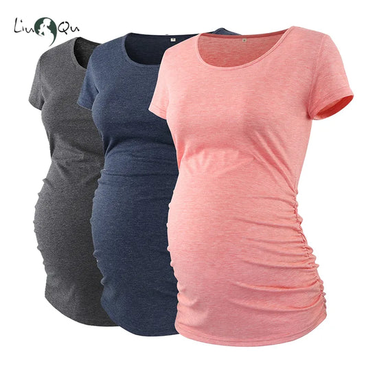 LIU &QU Maternity Clothes Pregnant Top V neck Side Ruched Maternity T Shirts Womens Clothing Pregnancy Tee Shirt Ropa Mujer S-XL