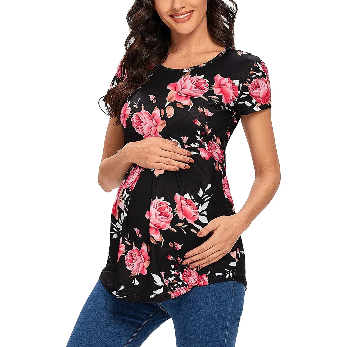 Fashion Women's Shirt Maternity Floral Printed Nursing Tops Breastfeeding Double Layer Soft Short Sleeve Top Pregnancy Clothes