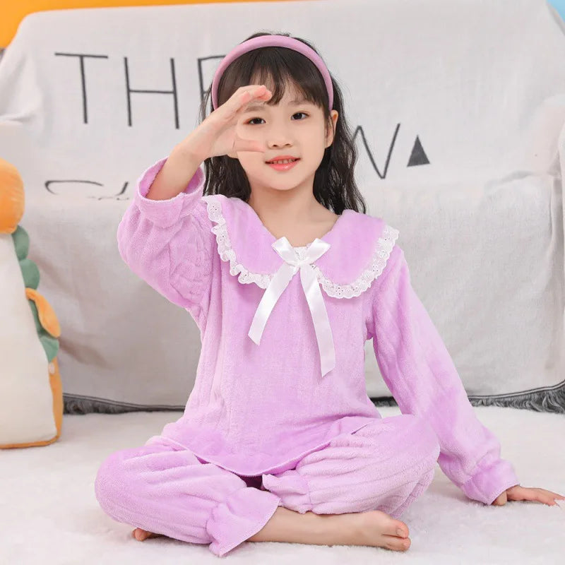 New Kids Flannel Pajama Sets Girls Autumn Pajamas Winter Thicken Warm Home Wear Cartoon Lapel Long Sleeve Sleeping Clothing