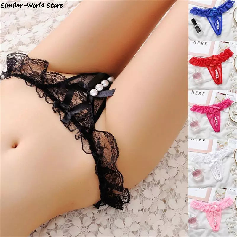 Women Sexy Panties Girl Gauze Bowknot Beads Lace Lingerie Underwear Low Waist Pearls Underpants Female Thongs Briefs Temptation