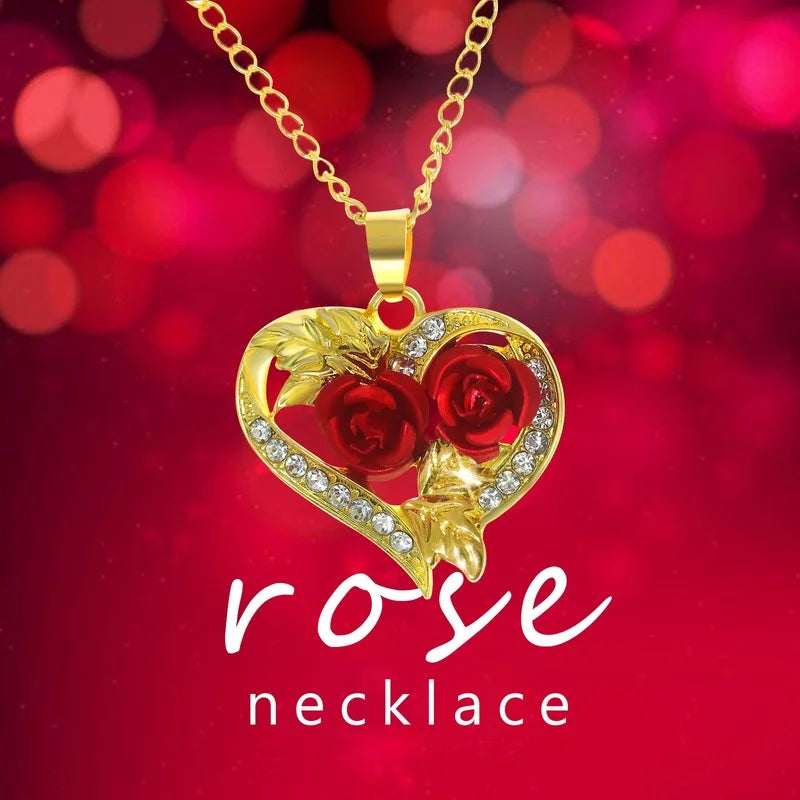 Fashion Income Double Heart Rose Necklace Exquisite Love Rose Represents Your Love Heart Gift for Your Beloved Girl