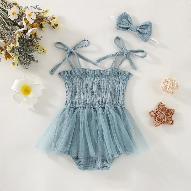 Newborn Baby Girl Clothes Spaghetti Straps Smocked Rompers with Tutu Skirt Toddler Bodysuit+Headband