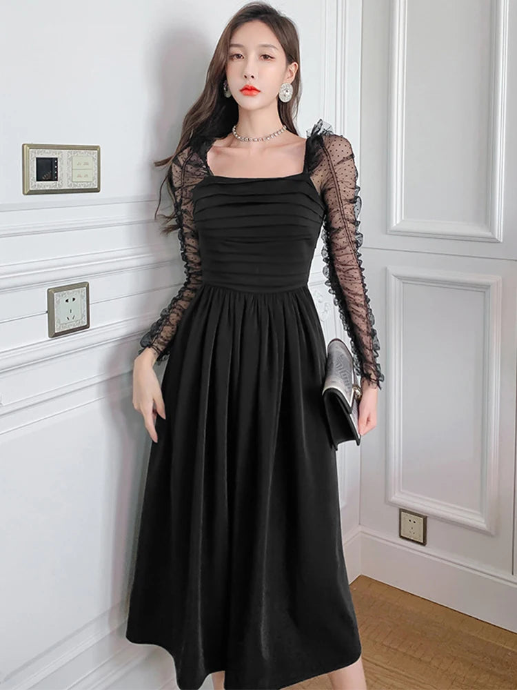 French Elegant Prom Dresses Woman Retro Chic Black Sheer Dot Mesh Folds Pleated Swing Robe Female Party Banquet Vestidos Mujer