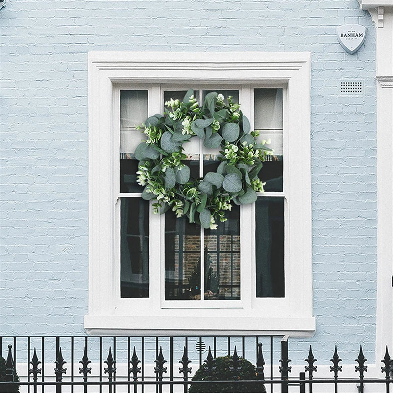 35Cm Green Leaf Eucalyptus Wreath Round Green Faux Leaf  Garland Patio Garden Porch Farmhouse Festival Celebration Vine Wreath