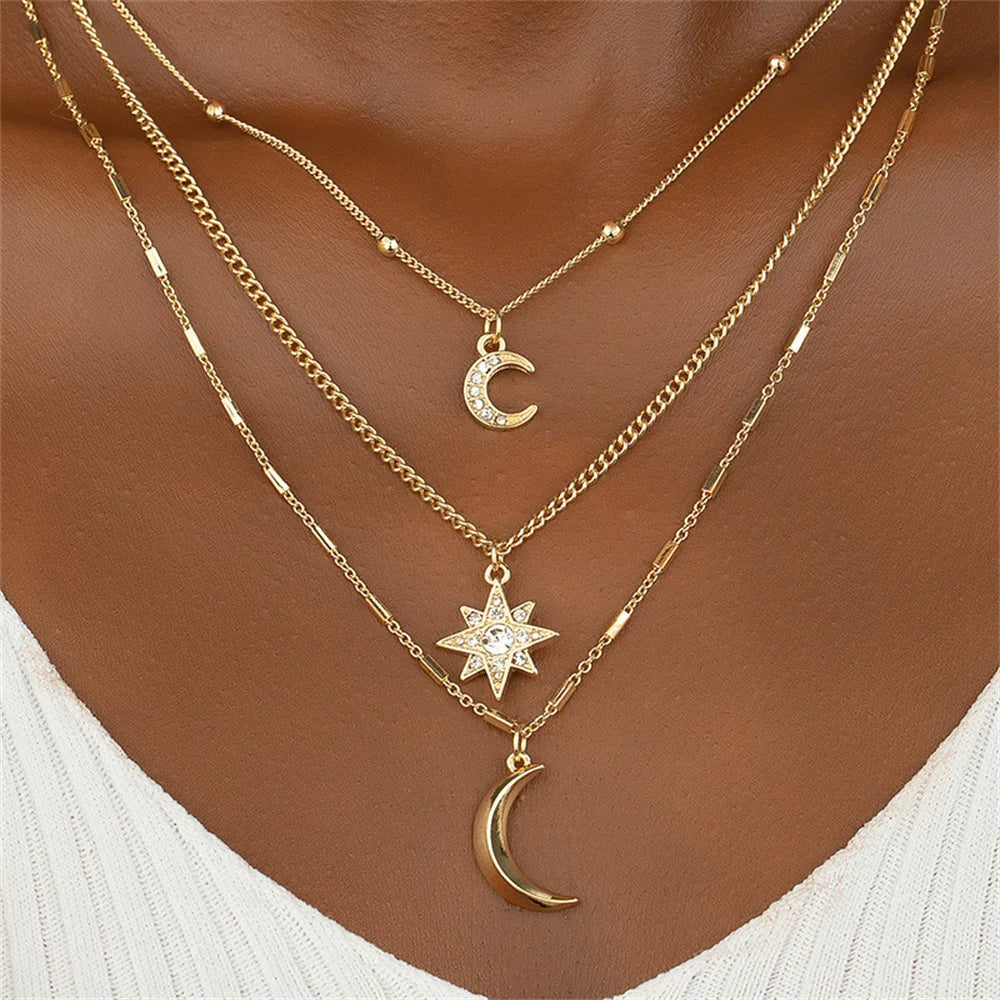 Boho Gold-plate Geometric Chain Crystal Moon Sun Pendant Necklace For Women Fashion Vintage Multilevel Metal Jewelry Wholesale