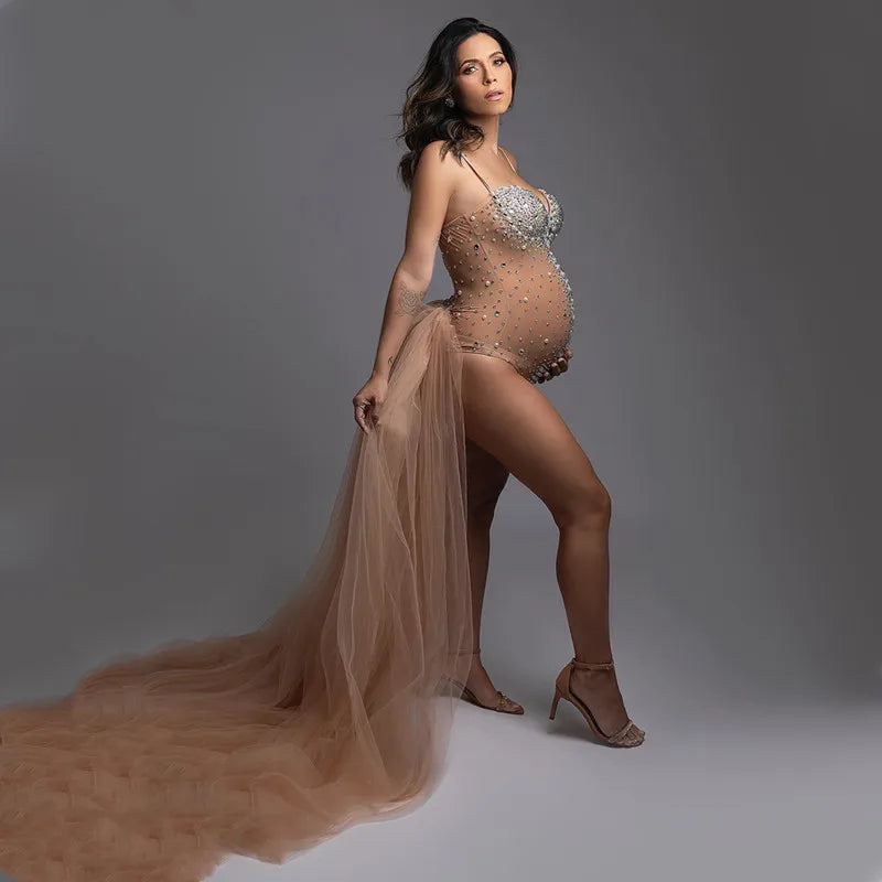 Stretchy Mesh Maternity Photoshoot Bodysuit With Crystals Shining Rhinestone Pregnancy Photography Bodysuit Skinny