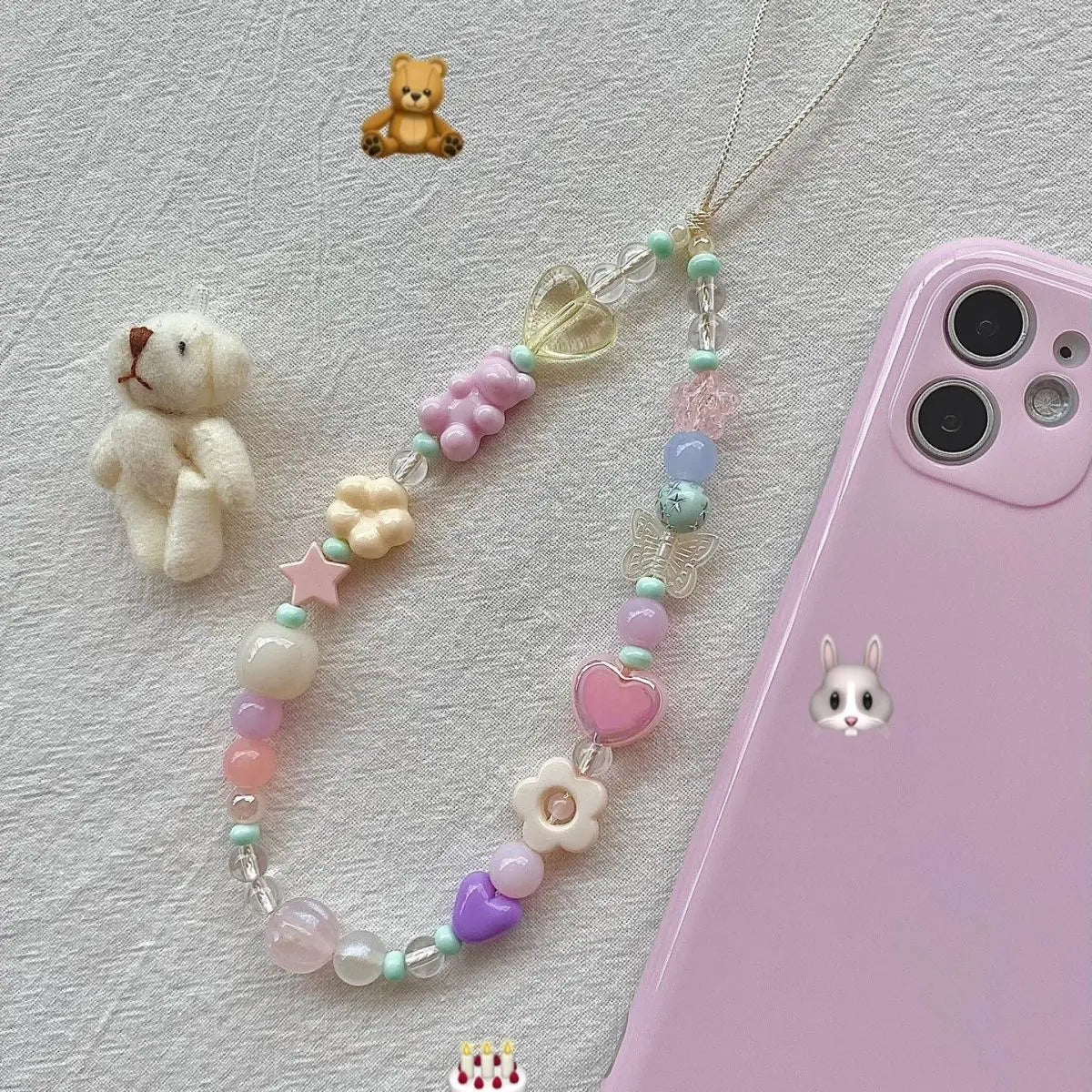 Y2K Kawaii Girl Pink Teddy Bear Flower Cell Phone Charm Wrist Strap Lanyard Anti-loss Camera Keychain for IPhone Accessory