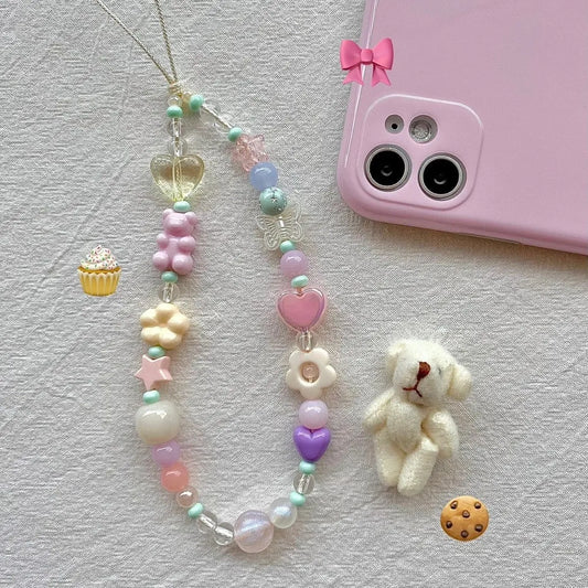 Y2K Kawaii Girl Pink Teddy Bear Flower Cell Phone Charm Wrist Strap Lanyard Anti-loss Camera Keychain for IPhone Accessory