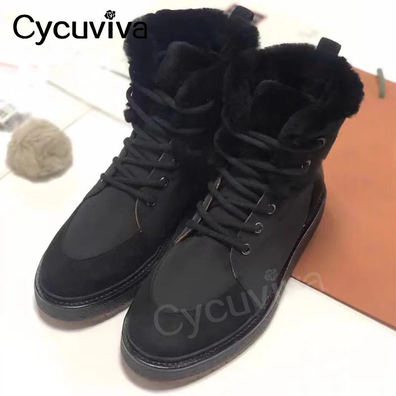 2023 New Natural Wool Snow Ankle Boots For Women Winter Warm Flat Platform Fur Shoes Lace Up Summer Walk Flat Knight Boots Women