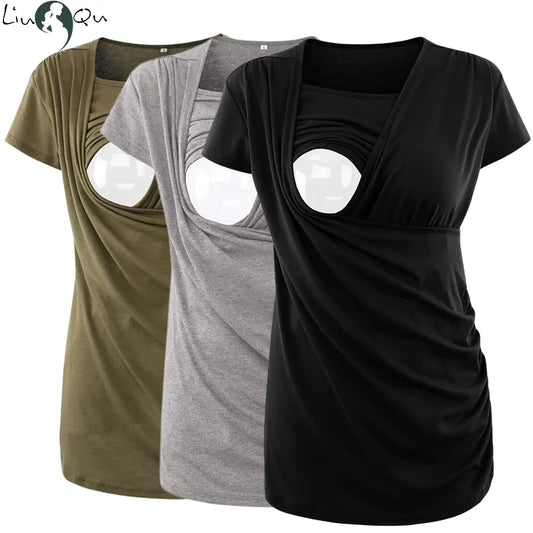 Liu&Qu Maternity Nursing Shirt Short Sleeve Nursing Top Women's Pregnancy Breastfeeding Tee Casual Side Ruched Ropa Embarazada