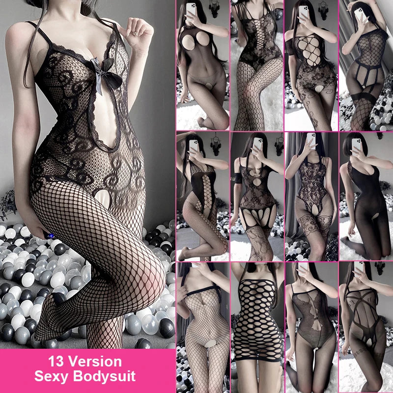 Womens Sexy Bodysuit Exotic Lingerie See-through Jacquard Open Crotch Jumpsuit Open Dress Fishnet Stockings Pantyhose Tights