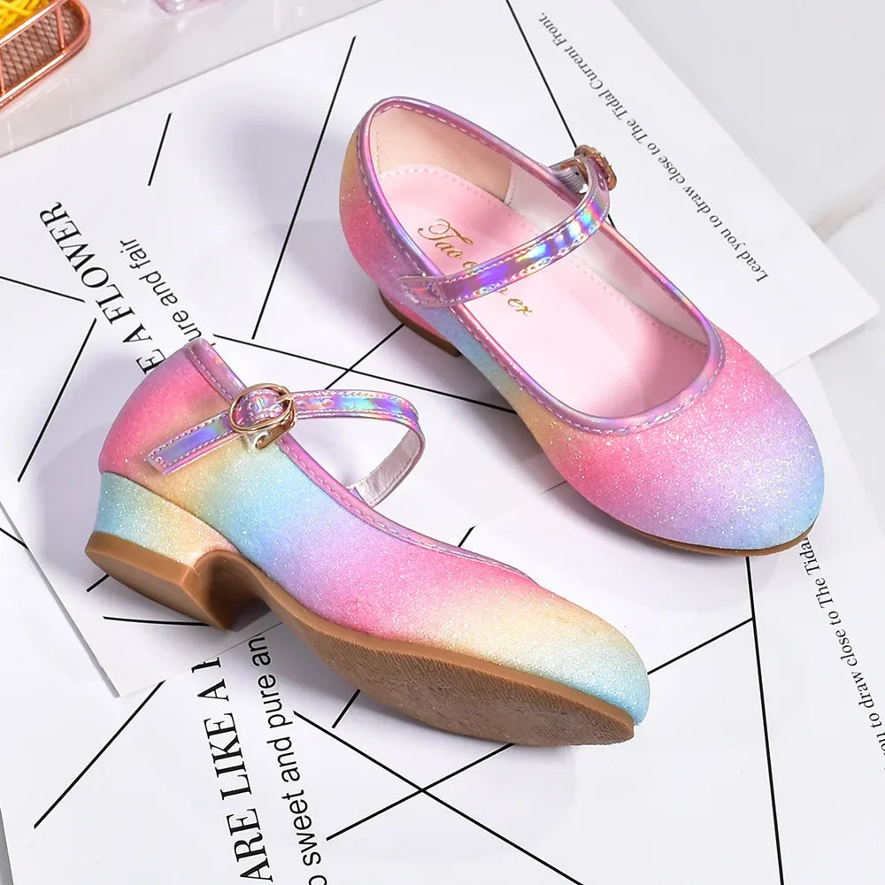 Princess Shoes for Girls Spring Autumn Glitter Fashion Kids Dress Leather Shoe Rainbow Sequins Children Party Wedding High Heels