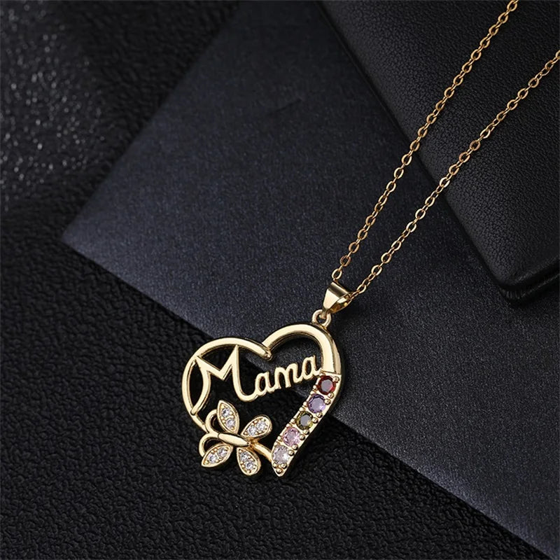 Classic Fashion Income Mom Pendant Necklace Cute Butterfly Heart Jewelry Anniversary Birthday Mother's Day Gift for Wife