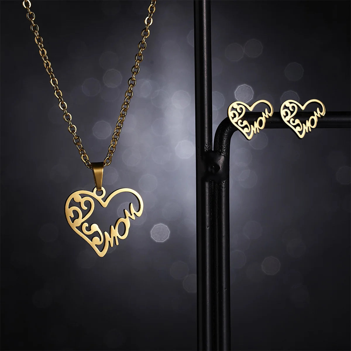 Stainless Steel Gold Color Mother's Day Jewelry Set For Women Hollow Heart Flower Mama Necklace Earrings Thanksgiving Day Gifts