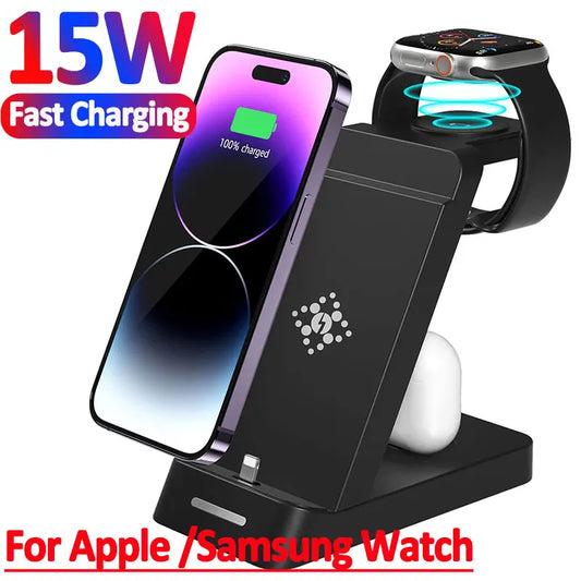 3 in 1 Wireless Charger Stand For iPhone 14 13 12 11 X XR 8 Samsung Watch 6 5 Apple Watch Airpods Pro Fast Charging Dock Station