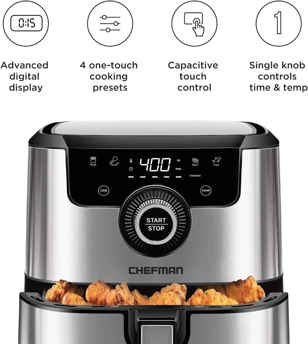 CHEFMAN Air Fryer Healthy Cooking, 4.5 Qt,User Friendly and Dual Control Temperature, Nonstick Stainless Steel, Dishwasher