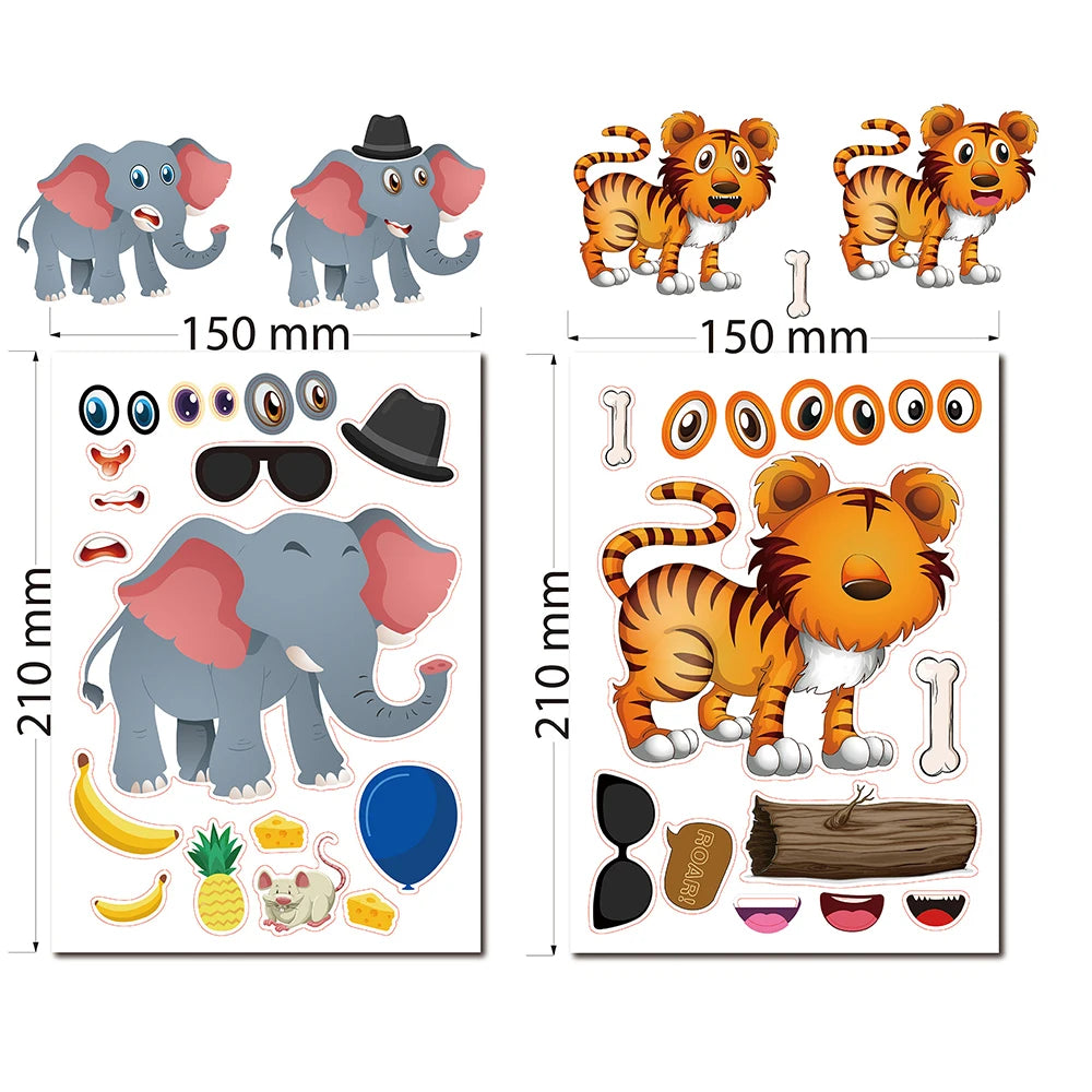 6/12Sheets Kids DIY Stickers Puzzle Games Make A Face Animal Assemble Jigsaw Sticker Children Training Education Toy Reward Gift