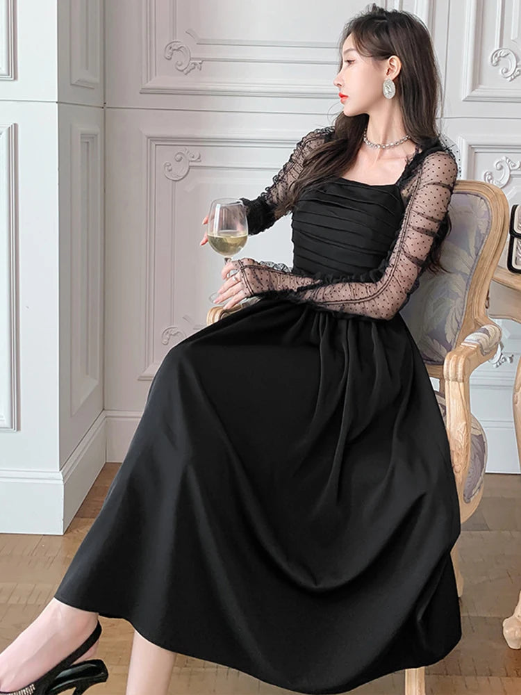 French Elegant Prom Dresses Woman Retro Chic Black Sheer Dot Mesh Folds Pleated Swing Robe Female Party Banquet Vestidos Mujer