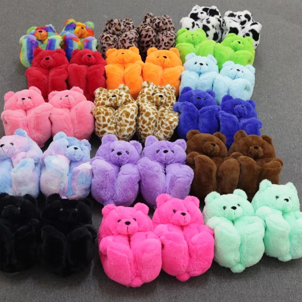 Fashion Teddy Slippers Bear Cartoon Animal Indoor Shoes for Women Winter Warm Plush Slides Girls Chunky Cosplay Fur Slippers