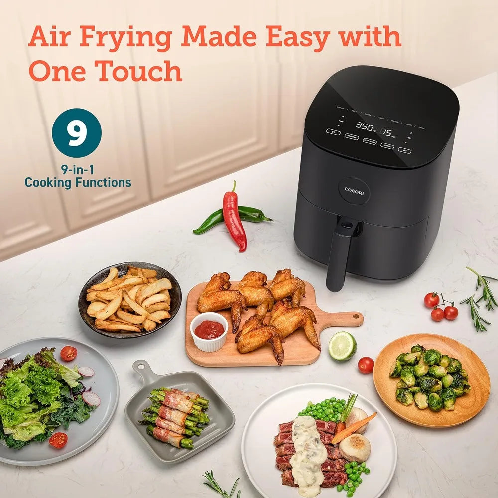 5-Qt Airfryer, Quick and Easy, UP to 450℉, Quiet, 85% Oil less, 130+ Recipes, 9 Customizable Functions, Compact, Dishwasher Safe