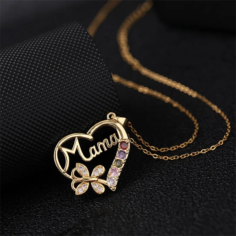 Classic Fashion Income Mom Pendant Necklace Cute Butterfly Heart Jewelry Anniversary Birthday Mother's Day Gift for Wife