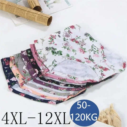 4XL-12XL Sexy Women's Mid Waist Panties High Elasticity Underwear Breathable Large Size Floral Briefs Lingerie Female Underpants