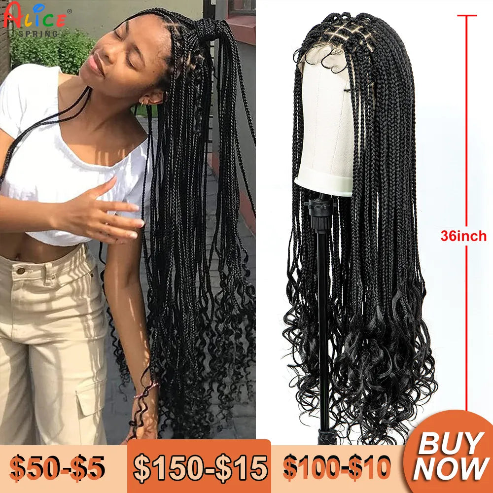 36 Inches Braided Wigs Synthetic Lace Front Wigs with Baby Hair Braided Wigs with Water Wave for Black Women Long Braided Wig