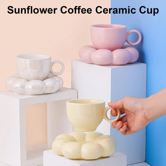 4 Color Sunflower Ceramic Coffee Mug Saucer Milk Mug with Saucer Creative Sunflower Mug Sturdy Kids Gift Household Drinking Mugs