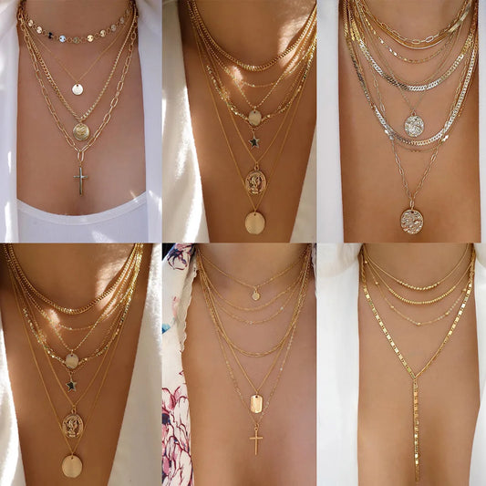 2024 New Bohemia Gold Color Multiple Styles Necklace For Women Trendy Multi-Layer Crystal Pendant Necklaces Set Jewelry Gifts