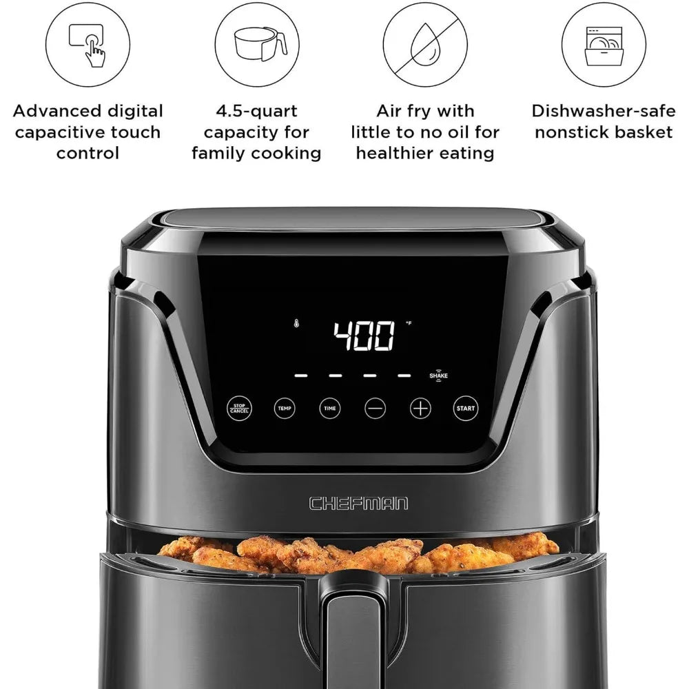 Air Fryer 4.5 Qt, Nonstick, Digital Touch Screen with 4 Cooking Functions w/ 60 Minute Timer, BPA-Free, Dishwasher Safe Basket