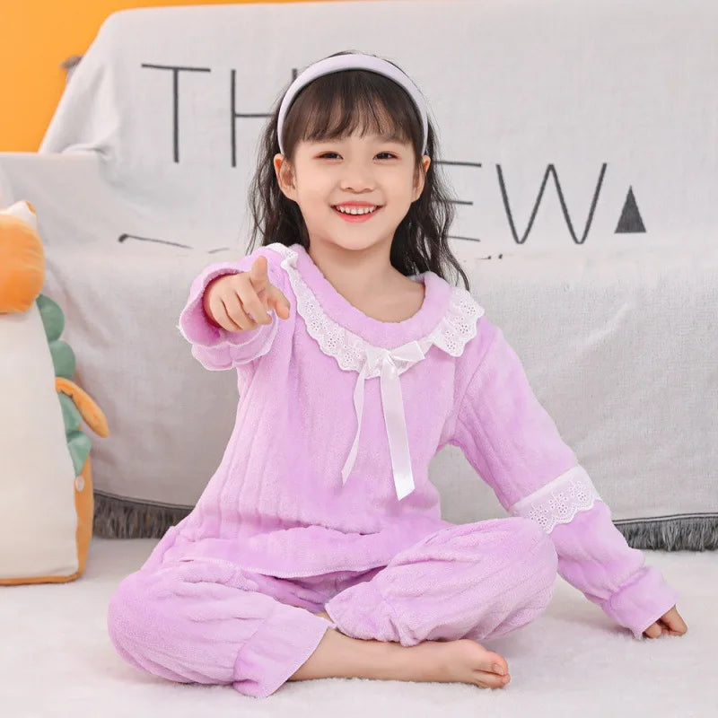 New Kids Flannel Pajama Sets Girls Autumn Pajamas Winter Thicken Warm Home Wear Cartoon Lapel Long Sleeve Sleeping Clothing