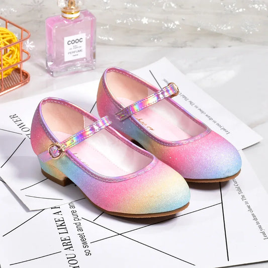 Princess Shoes for Girls Spring Autumn Glitter Fashion Kids Dress Leather Shoe Rainbow Sequins Children Party Wedding High Heels