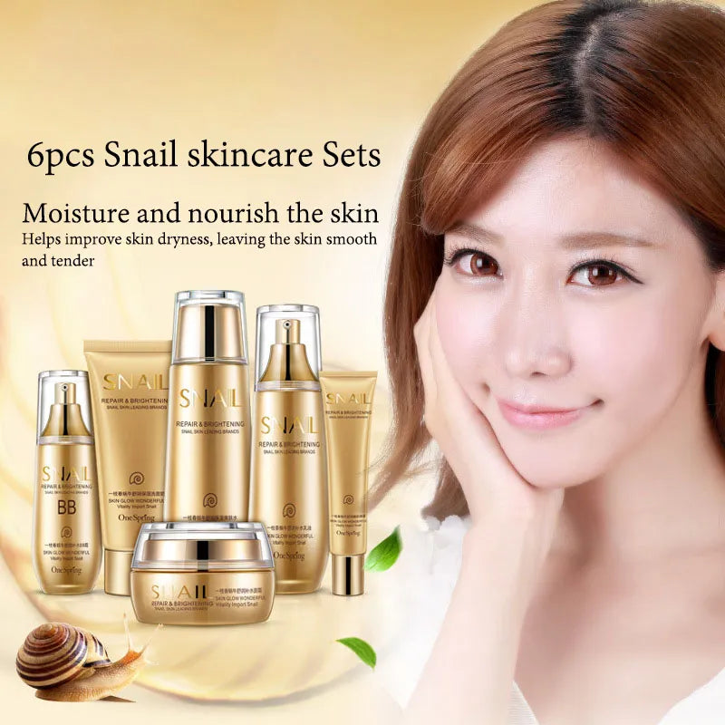 6pcs Snail Anti-aging Skin Care Sets Moisturizing Facial Set Skincare Products Face Cream Facial Cleanser Toner Face Care Kits