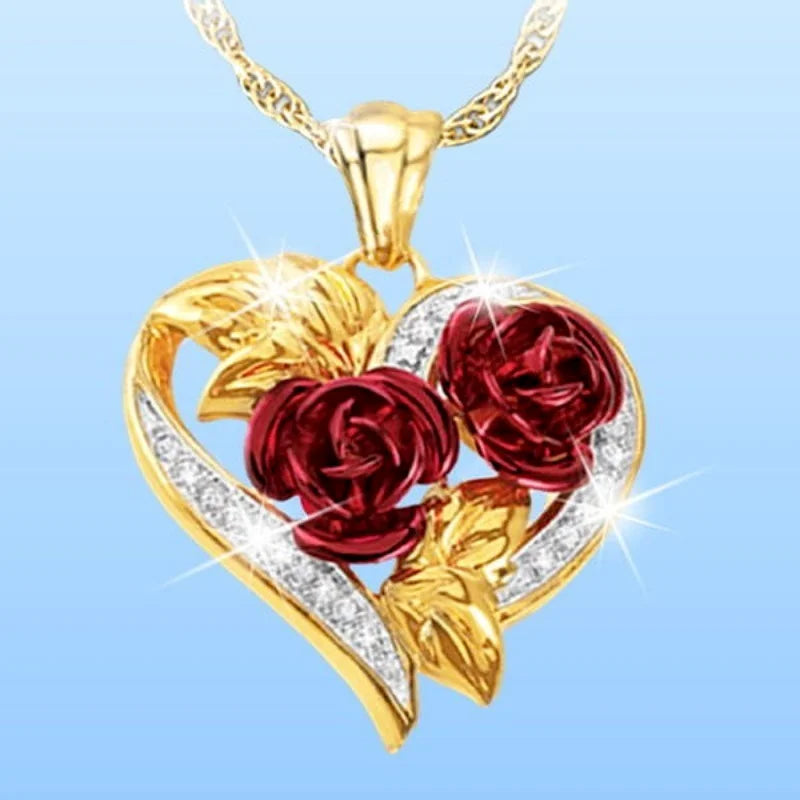 Fashion Income Double Heart Rose Necklace Exquisite Love Rose Represents Your Love Heart Gift for Your Beloved Girl