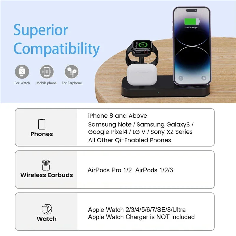 4 In 1 Wireless Charger Stand Pad Fast Charging Station Dock for iPhone 15 14 13 12 Pro Max Apple Watch 8 7 6 Ultra Airpods Pro