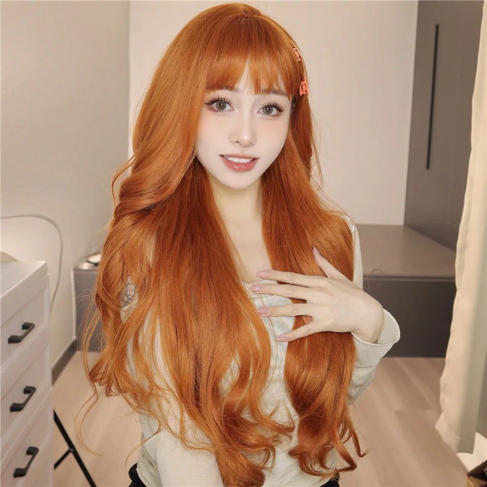 Long Orange Body Wavy Synthetic Wigs with Bangs for Women Natural Looking Copper Fake Hair Daily Party Wig Heat Resistant Fiber