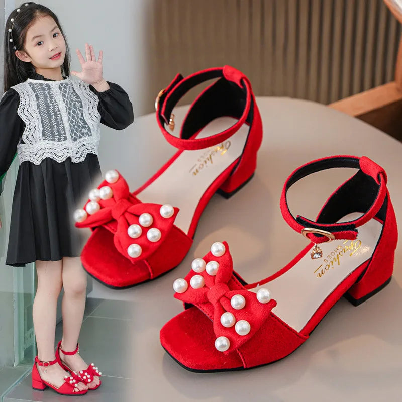 Girls' Elegant Princess Sandals Crystal Beads Lacquer Leather Children's Shoes Open Toe Low Heel Solid 2023 Summer New Kid Shoes