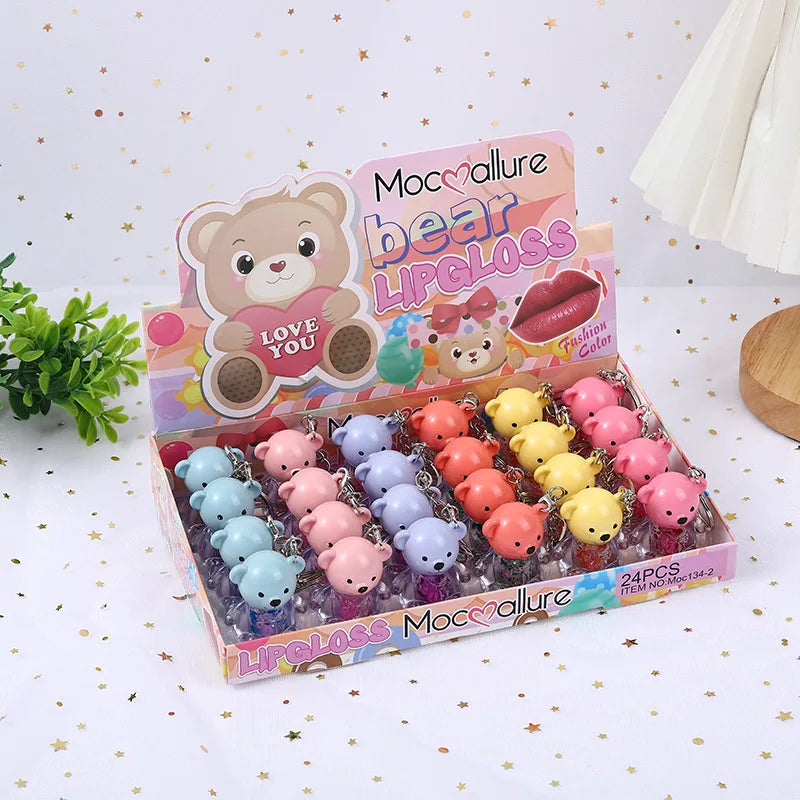 24pcs Cute Bear Lip Gloss 6 Colors Set Woman Longlasting Nonstick Lip Tints Lips Makeup Bulk Wholesale